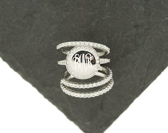 925 Silver CZ Stacking Monogram Ring, Wedding Set, Monogram Stackable Ring, Sterling Silver