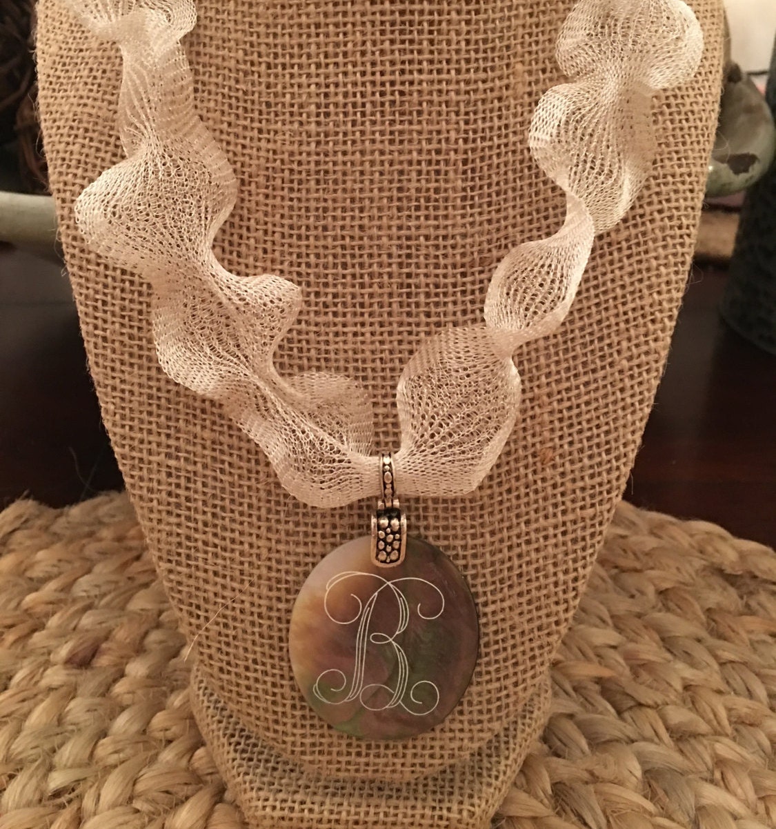 Engraved Monogrammed Shell Pendant Ribbon Necklace