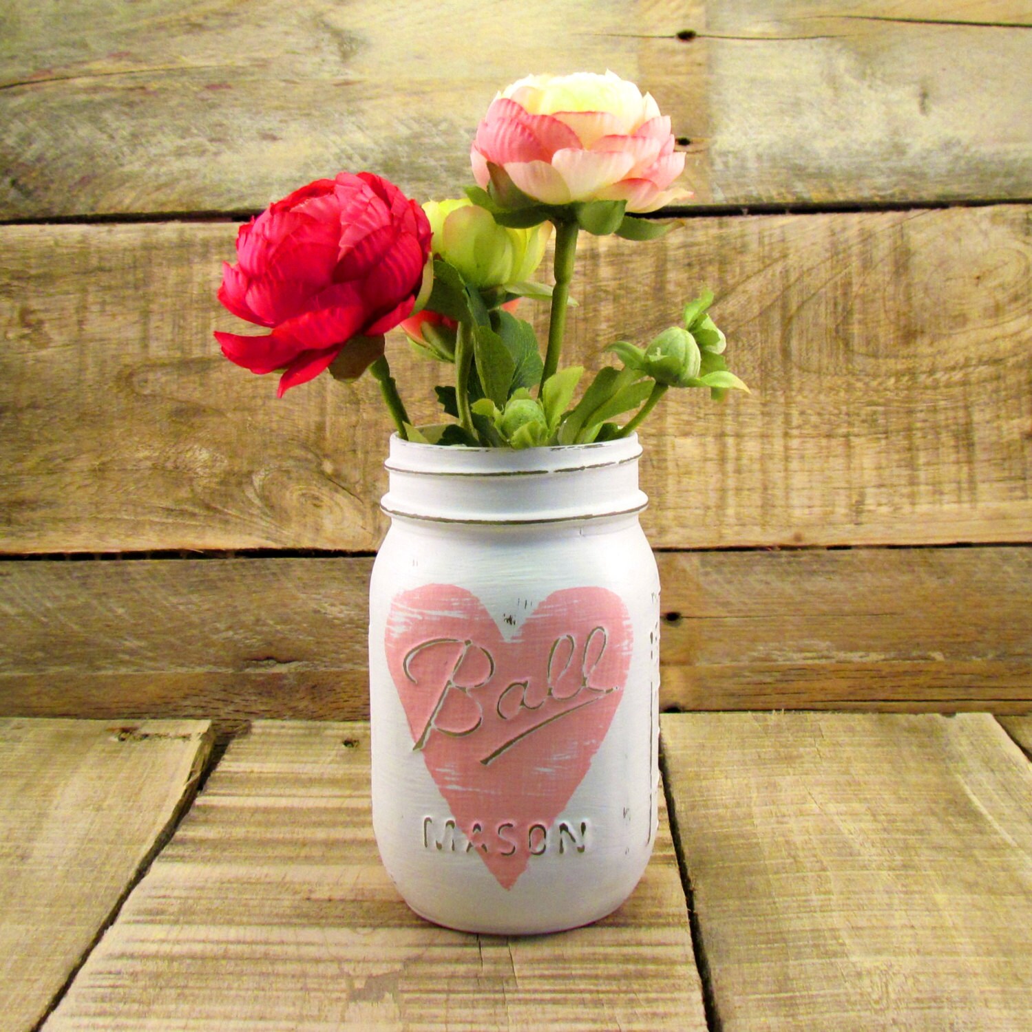 Rustic Mason Jar White with Pink Heart