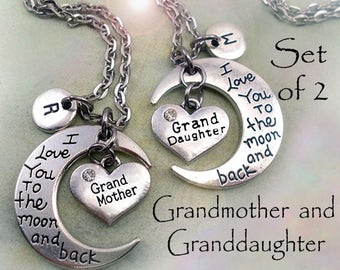 Grandmother Granddaughter Set of 2 I Love You to the Moon and Back Grandmother & Granddaughter Necklaces Personalized w-Letter Charms