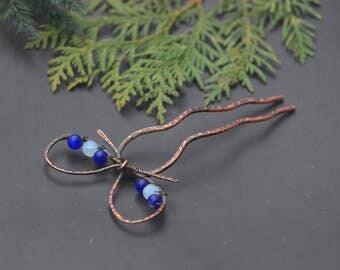 Blue Copper hair fork Rustic copper hair stick Metal hair fork Copper slide hairforks Womens gift Simple minimalist accessories Hair Comb