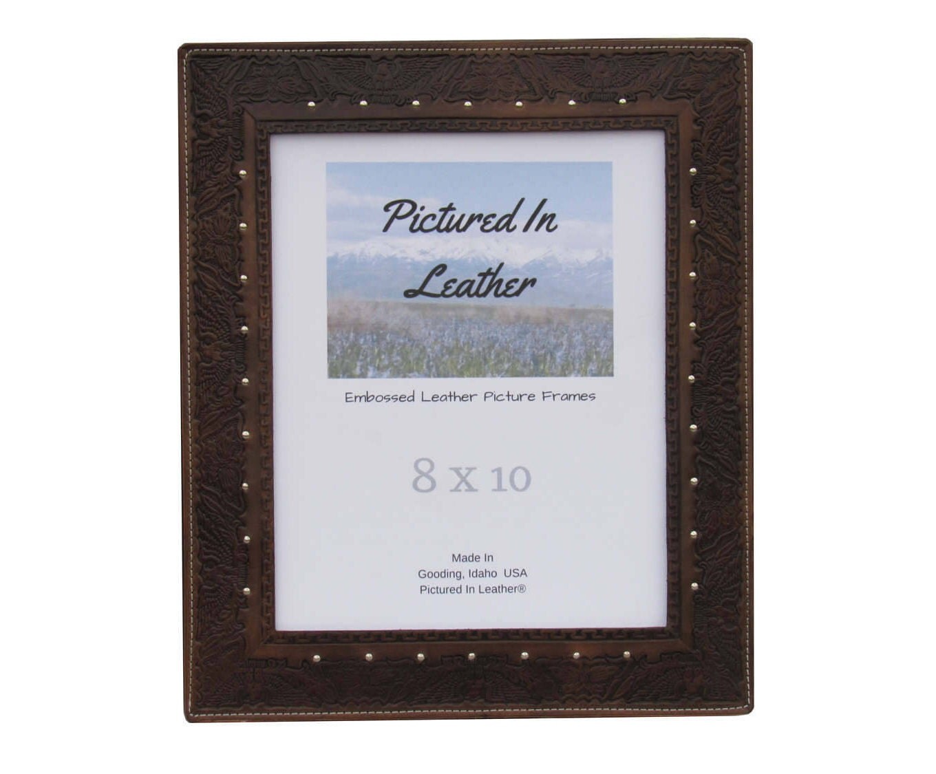 8x10 Leather picture frame patriotic eagle, floral design, black art