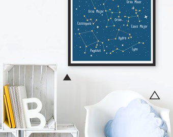 Constellation Print, Space Art Constellations Nursery Wall Art Kids Room Art Constellation Map Blue Nursery Poster Outer Space Nursery Decor