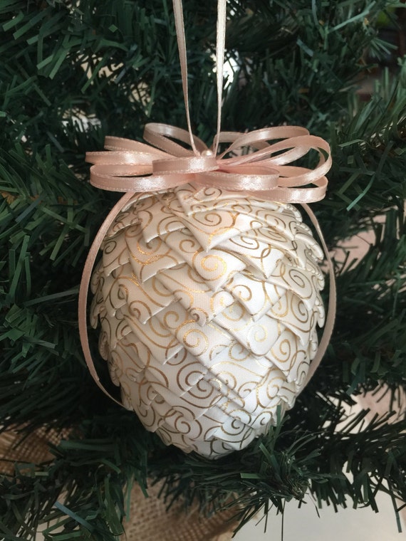 Ivory Satin With Gold Design Christmas Pinecone Ornament