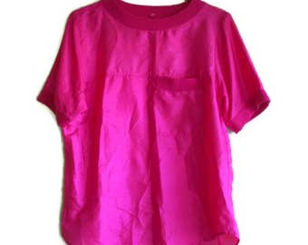 Vintage Pink Top, Womens Pink Blouse, Silk top, Silk blouse, Hot pink top, Vintage Womens Blouse, Size M