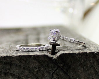 1ct Wedding Ring Set, Round cut halo pave Cathedral ring with matching pave band, lab diamonds, Rhodium coated Sterling Silver, HANNAH