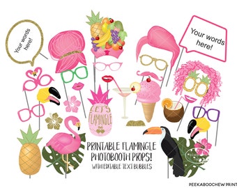 Flamingo Party Photo Booth Props Pink Printable Editable Birthday Photobooth Flamingle Moustache Wedding Bachelorette Shower Tropical PCFPS
