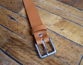 Classic Men's Leather Belt (Tan). Handmade in the USA. Silver Plated Brass Buckle. Full Grain, Veg Tanned Leather, Free Personalization.