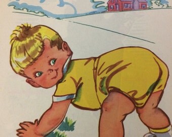 Vintage little boy in yellow onesie crawling like a puppy blonde kid cute chubby art print illustration from vintage kids pretend play book