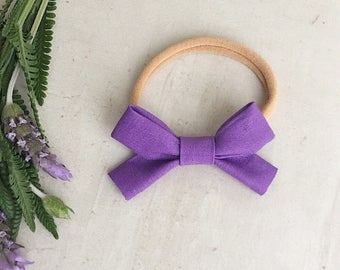 purple mini bow, baby bows, newborn bows, baby bow headband, bow clips, classic bow, black baby bow, nylon headband, baby headbands