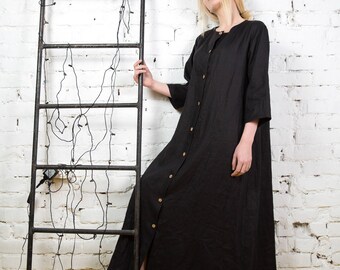 Plus size linen dress, linen robe, long linen tunic,summer linen dress, black linen dress,long sleeved linen dress,Linen button dress/LD0015