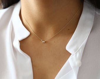 Baguette Diamond Necklace/ 14k Gold Baguette Diamond Necklace/ Minimalist Baguette Necklace/ Dainty Diamond Necklace/ Graduation Gift