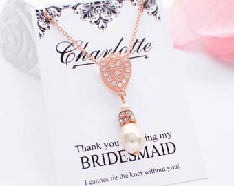 Rose gold pearl necklace, bridesmaid jewelry, pearl bridesmaid necklace, single pearl bridal necklace, wedding jewelry for brides, pearl