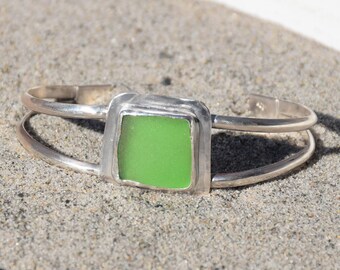 Genuine Sea Glass Sterling Silver Cuff Bracelet Green
