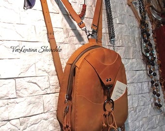 Handmade Leather Backpack/ boho biege small vintage city rucksack Women