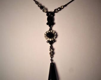 Vintage Black and Clear Paste Stone Lavalier Necklace