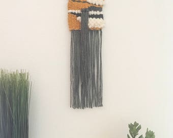 Sunshower | Mini Woven Wall Hanging, yarn weaving, woven tapestry, tassels weaving, wall decor, yellow and grey weaving