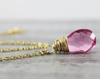 Rose Pink Necklace, Pink Gemstone Necklace, Wire Wrap Necklace, Gold Filled Necklace, Pink Necklace Gold, Small Delicate Necklace