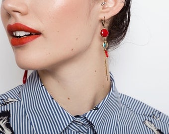 Cherry Red Mismatched Earrings - Long Asymmetric Earrings - Madone Inspired Earrings (SD1034)