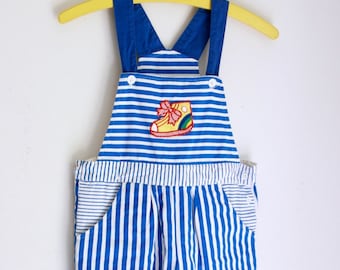 Vintage girls shortalls blue and white stripe size 8