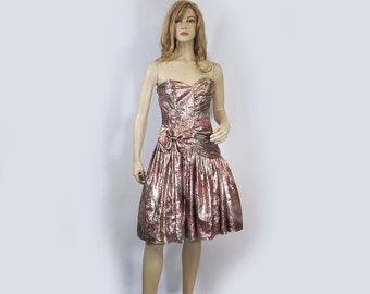Vintage Dress 80s Gunne Sax Strapless Metallic Pink Lavender Gold Thread Bow XXS XS