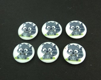 6 Handmade Raccoon Buttons. 3/4" or 20 mm Sewing Buttons. Novelty Buttons. Woodland animal buttons for sewing. Washer and Dryer Safe.