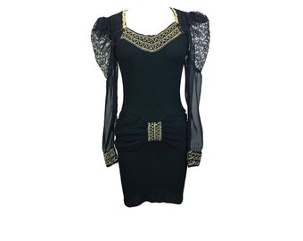 Vintage 80s 90s Black Stretch Bandage Mini Dress w/ Lace Shoulders & Gold Trim Party Dress XS/S