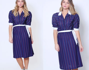Vintage 80s STRIPED Dress NAUTICAL Secretary Dress BELTED Day Dress Pinstripe Dress