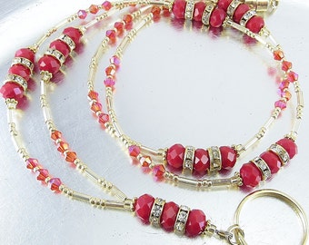 Gold and Red Crystal Beaded Lanyard, ID Badge Holder, ID Necklace, Badge Clip Necklace