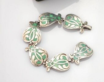 Vintage Green Enamel Taxco Bracelet | Vintage Enamel Taxco Bracelet | Antique Taxco Sterling Bracelet