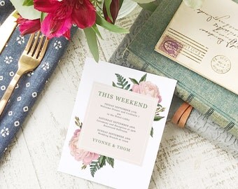 Wedding Agenda Card, Printable Wedding Timeline Letter, Events Card, Vintage Bouquet, Itinerary, Agenda, Hotel Card - INSTANT DOWNLOAD