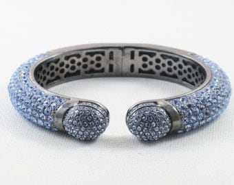 Vintage Hematite and Silver Blue Rhinestone Clamper Cuff Bracelet (BR-2-3)