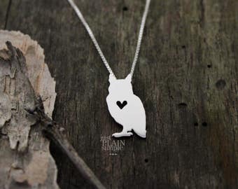 Owl necklace, tiny sterling silver hand cut pendant with heart, tiny wildlife jewelry
