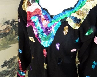 1980s Cachet Abstract Sequin Sweater sz M Made In Hong Kong Bright Jewel Tone Sequins 100% Wool