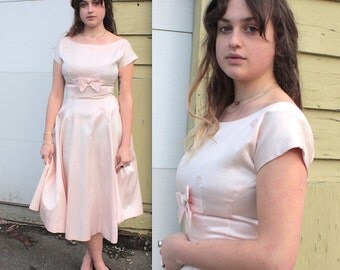 SALE Vintage 1950's Dress // 50s Pale Ice Pink Soft Satin Party Cocktail Dress with Bow // 50's Prom Dress // DIVINE