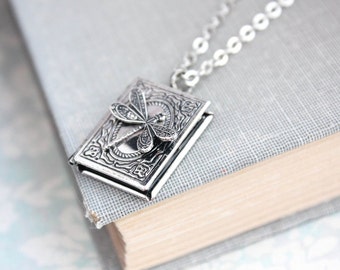 Dragonfly Necklace Wings Book Locket Pendant Antique Silver Photo Locket Secret Hiding Place Keepsake Storybook Book Club Gift Love to Read