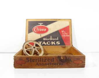 Vintage Store Display / Cross Sterilized Tacks Wood Box General Store Display / Industrial Decor