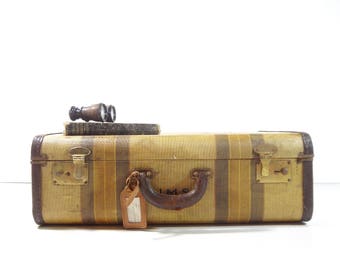 Vintage Tweed Striped Suitcase / Vintage Luggage