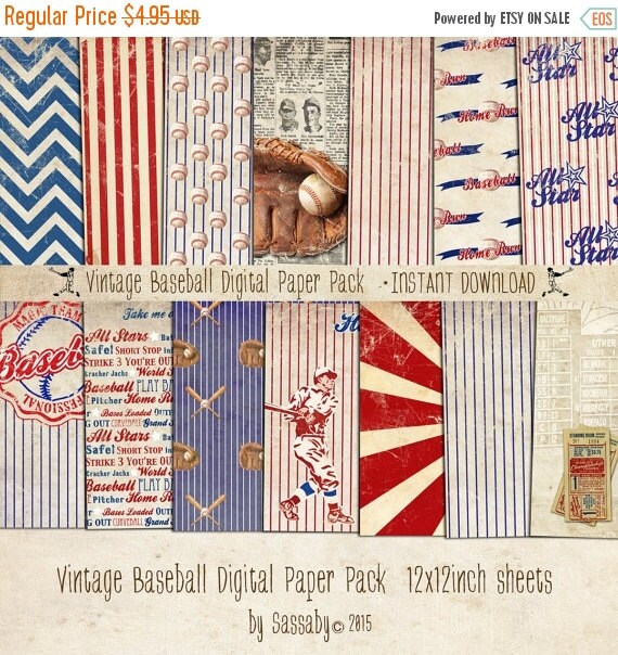 Vintage Baseball Paper Pack 14 Digital Sheets - INSTANT Download - Scrapbooking Card Making Birthday Party Decoration by Sassaby Il_570xn