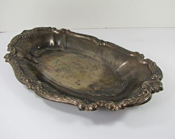 Vintage SiLVERPLATE SERVING BOWL Oval Platter Gorgeous Decorative Rim Tarnish Patina Silver Plate