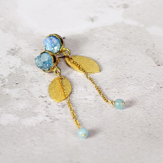 Blue Druzy Earrings - Long Earrings - Unusual Earrings - Aquamarine Earrings - Unusual Jewelry - Long Gold Earrings - Statement Earrings