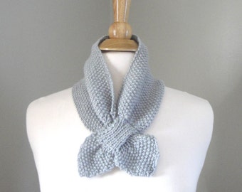 Gray Ascot Scarf, Pull Through Scarflette, Neck Warmer, Cashmere Merino Wool, Hand Knit Scarf