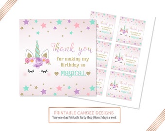 Unicorn favor tags, Unicorn gift tags, Unicorn Party Decor, thank you tags, Pink Purple Aqua, Instant Download