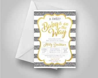 A Sweet Baby is on the Way Neutral Baby Shower Invitation, Gold and Gray Stripes, baby shower, 5x7