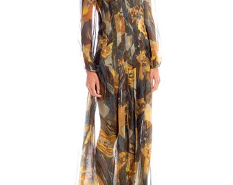 1970s Pauline Trigere Abstract Floral Print Pleated Maxi Dress Size: S/M