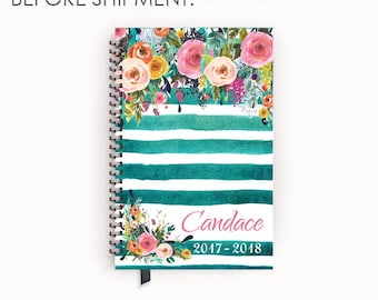 FlexGrid, Classic, or Student Academic Planner 2017 Personalized Calendar Agenda with Watercolor Floral on Teal Stripes