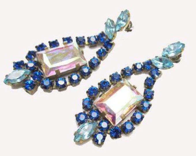 Blue Rhinestone Earrings - Czech Crystal - Chandelier Drop -Pierced Dangle earrings - Signed Husar D