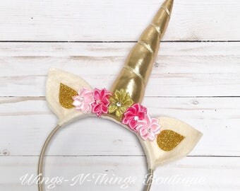 UNICORN FLOWER CROWN, unicorn headband, costume accessory, party favor, birthday, cosplay, little pony, gold unicorn horn, pink and gold