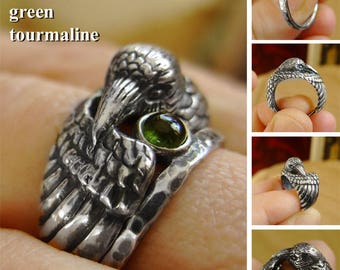 Raven Ring with Green Tourmaline - Green Ring - Totem Ring - Bird Ring - Black Raven - Silver Ring - Witch Ring - Nordic Myth Ring