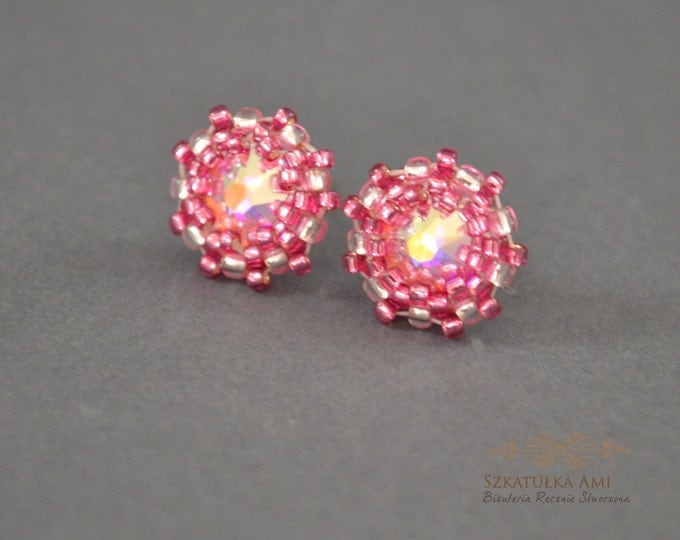 Thumbnails pink crystal pink swarovski effect ab small earrings pink earrings cute earrings seed beads earrings light pink valentine gift
